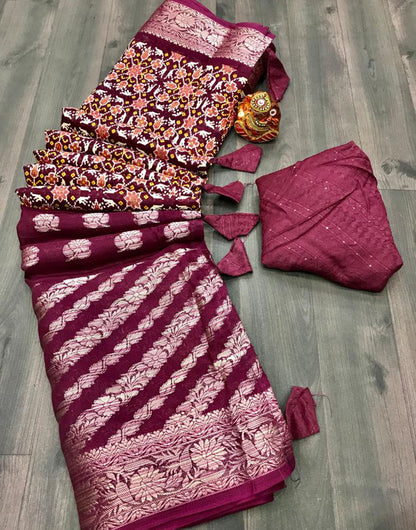 Sangria Magenta Dola Silk With Printed & Weaving Work