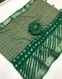 Green Dola Silk With Printed & Weaving Work