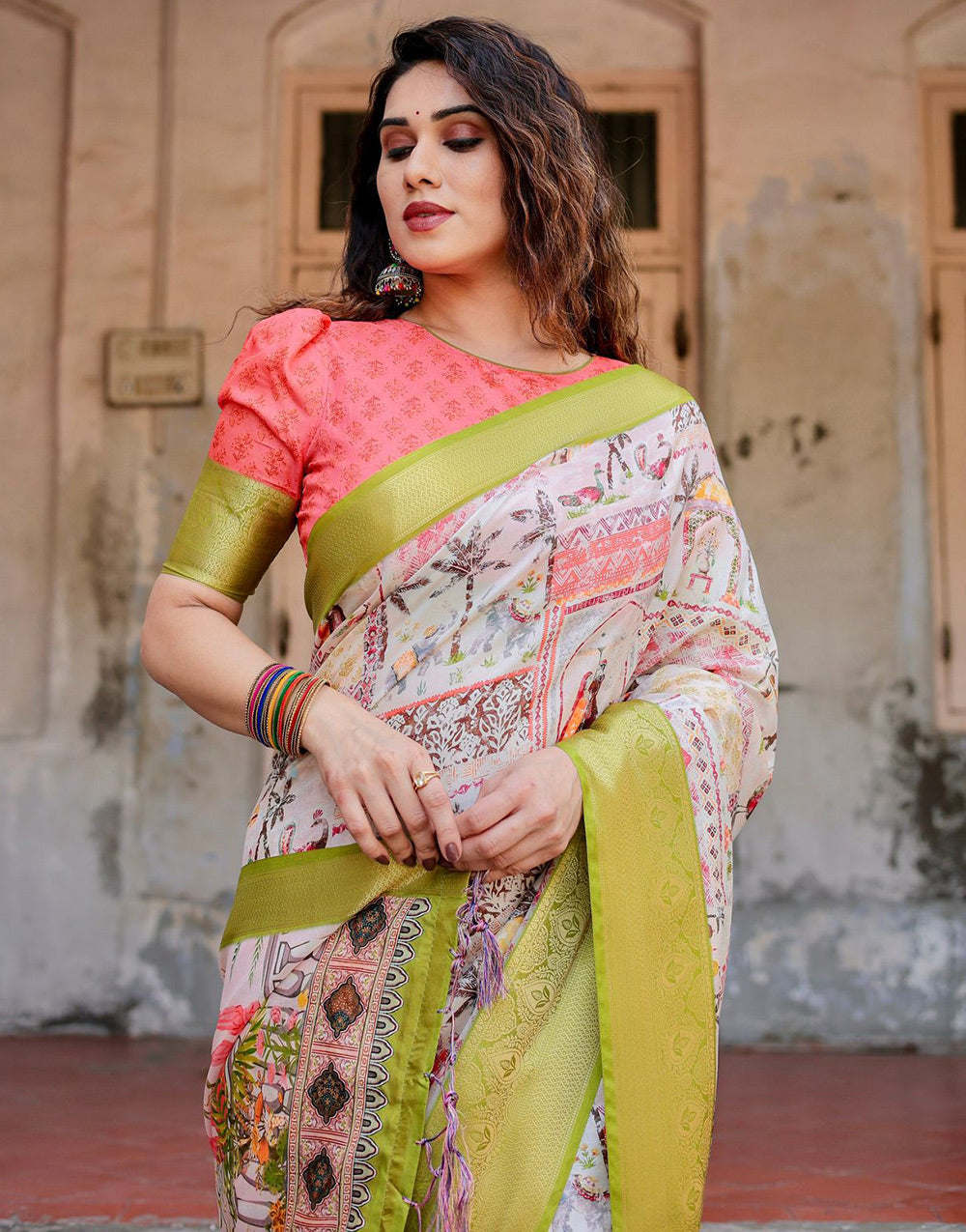 Multi Color Silk Saree With Printed & Weaving Border