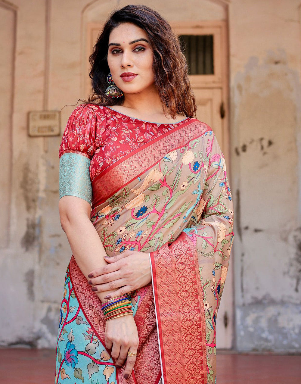 Apricot Beige Silk Saree With Printed & Weaving Border