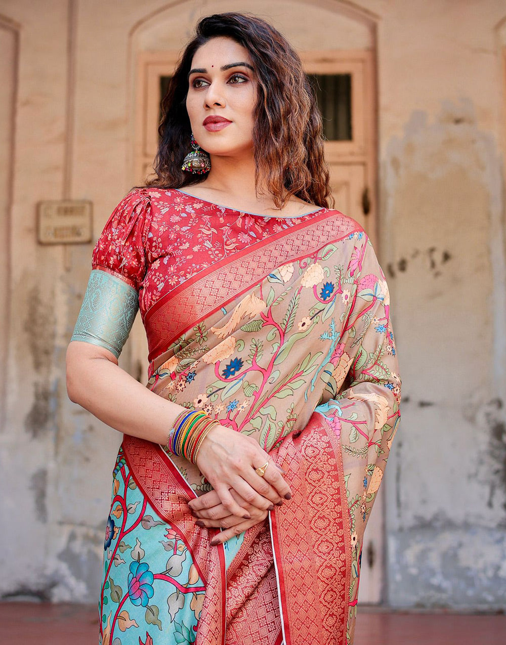 Apricot Beige Silk Saree With Printed & Weaving Border