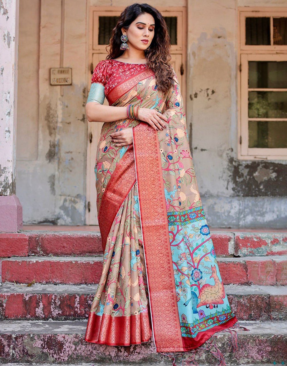 Apricot Beige Silk Saree With Printed & Weaving Border