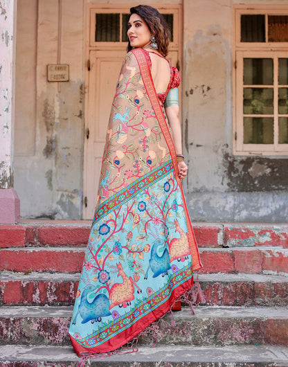 Apricot Beige Silk Saree With Printed & Weaving Border