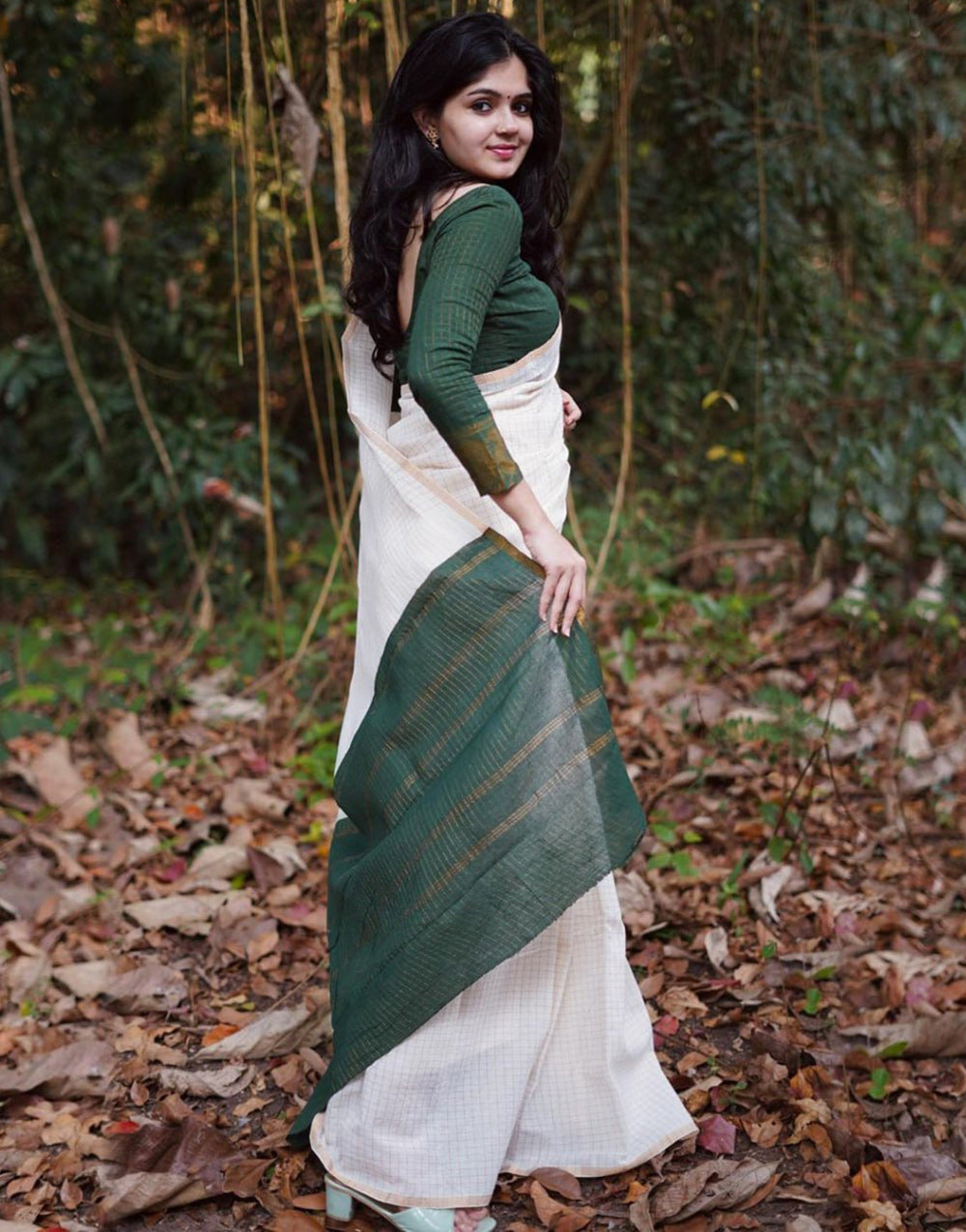 White & Dark Green Silk Saree With Weaving Work