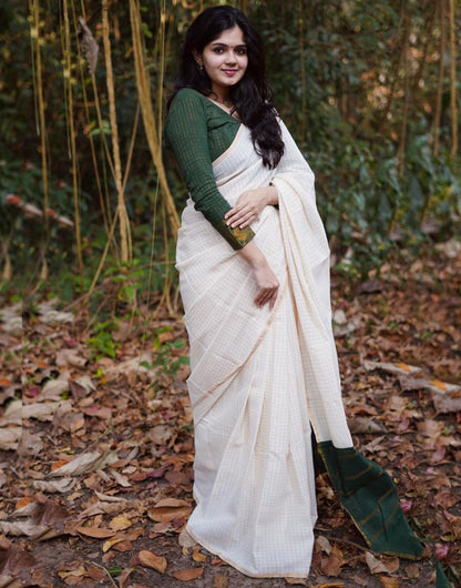 White & Dark Green Silk Saree With Weaving Work