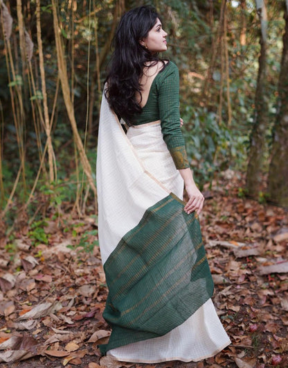 White & Dark Green Silk Saree With Weaving Work