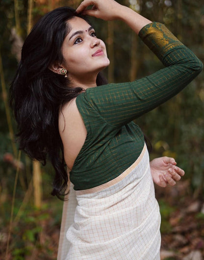 White & Dark Green Silk Saree With Weaving Work