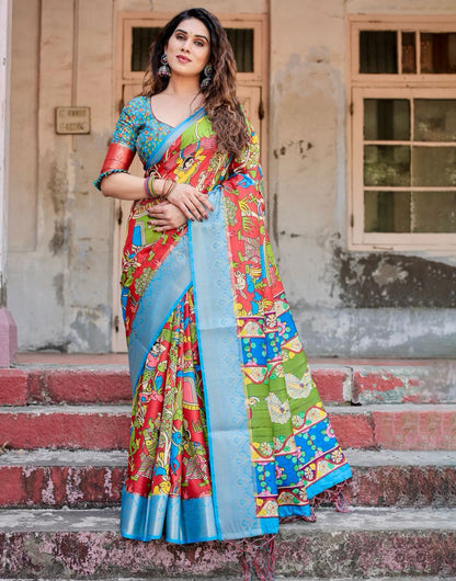 Red & Sky Blue Silk Saree With Printed & Weaving Border