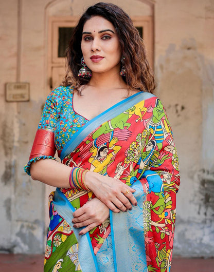 Red & Sky Blue Silk Saree With Printed & Weaving Border