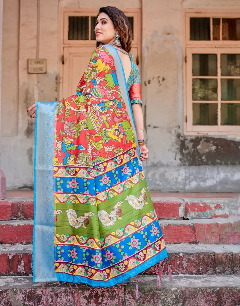 Red & Sky Blue Silk Saree With Printed & Weaving Border