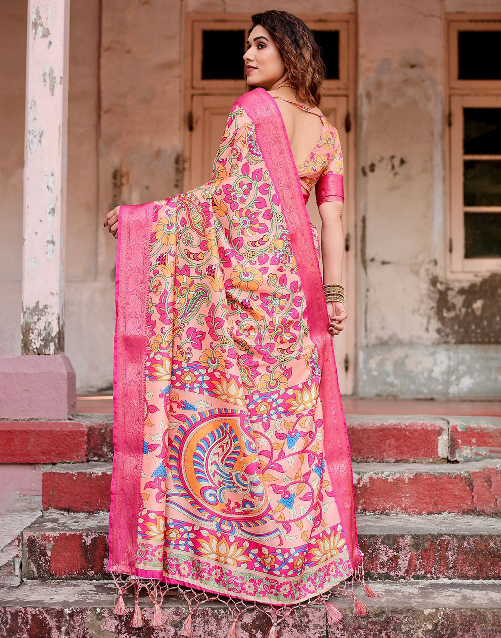 Rose Pink Silk Saree With Printed & Weaving Border