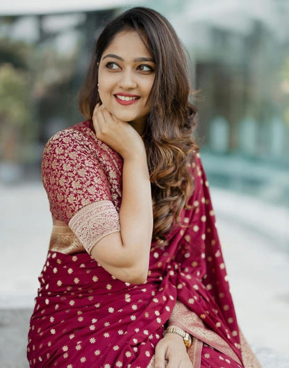 Bright Maroon Banarasi Silk Saree With Zari Weaving Work