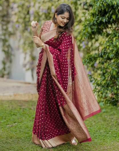 Bright Maroon Banarasi Silk Saree With Zari Weaving Work