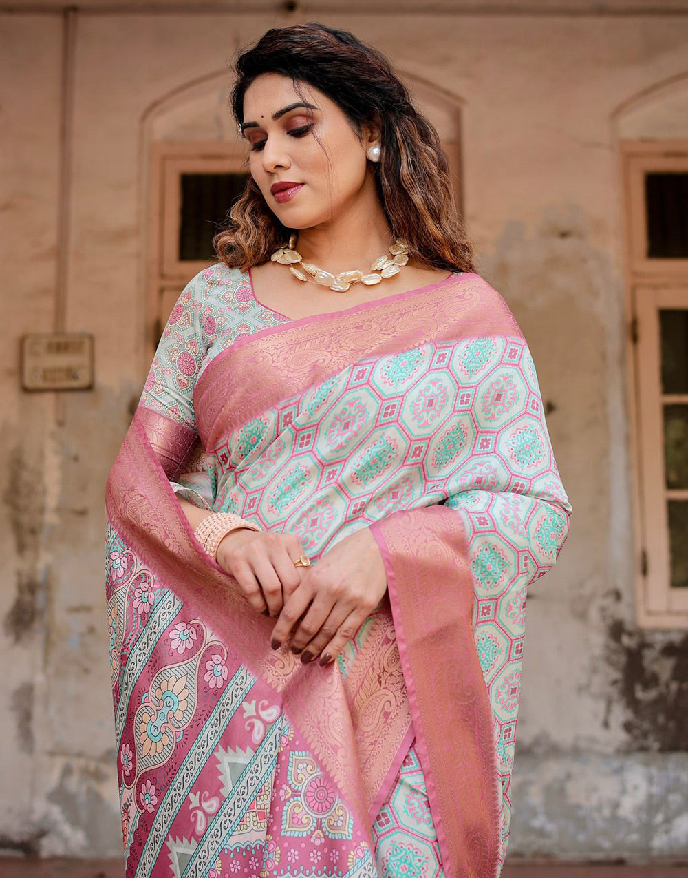 Pastel Blue & Pink Silk Saree With Printed & Weaving Border