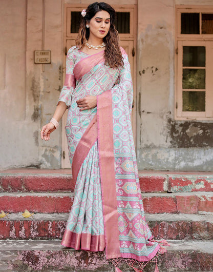 Pastel Blue & Pink Silk Saree With Printed & Weaving Border