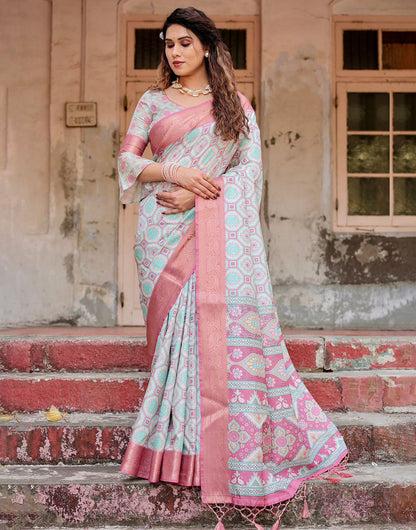 Pastel Blue & Pink Silk Saree With Printed & Weaving Border