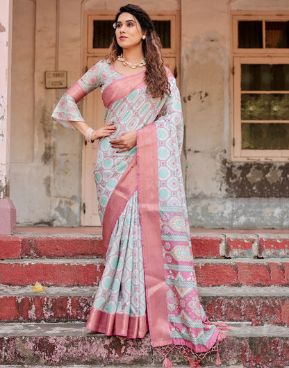 Pastel Blue & Pink Silk Saree With Printed & Weaving Border