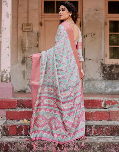 Pastel Blue & Pink Silk Saree With Printed & Weaving Border