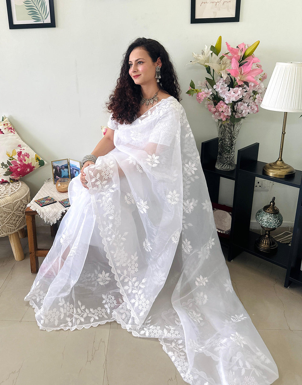 White Pure Organza Saree With Embroidery Work
