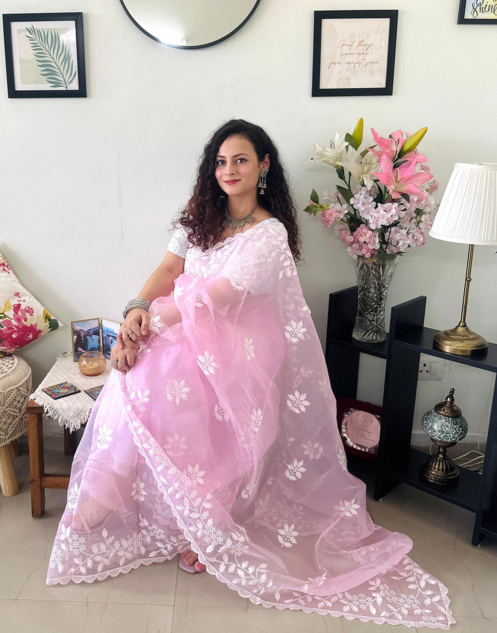 Baby Pink Pure Organza Saree With Embroidery Work