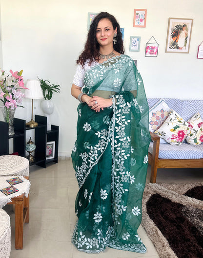 Dark Green Pure Organza Saree With Embroidery Work