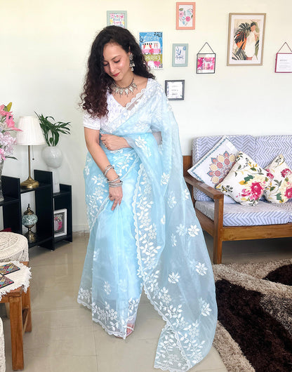 Light Blue Pure Organza Saree With Embroidery Work