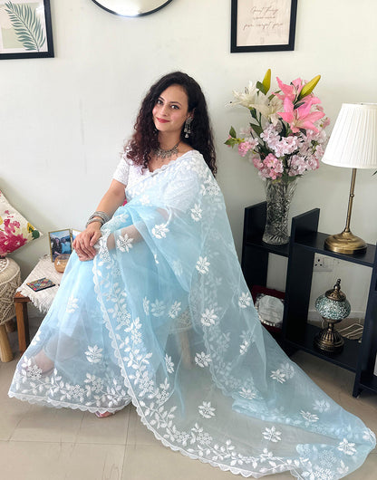 Light Blue Pure Organza Saree With Embroidery Work