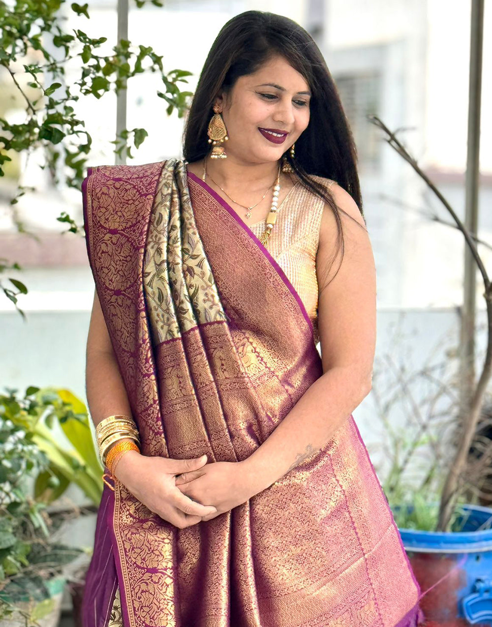 Wine Kanjivaram Silk Saree With Zari Weaving Work