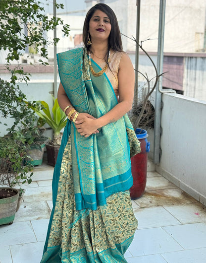 Teal Blue Kanjivaram Silk Saree With Zari Weaving Work