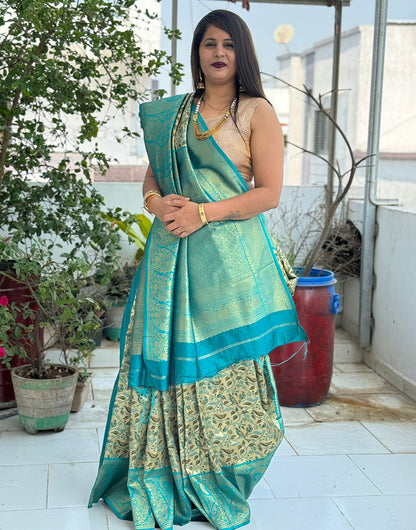 Teal Blue Kanjivaram Silk Saree With Zari Weaving Work