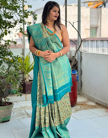 Teal Blue Kanjivaram Silk Saree With Zari Weaving Work