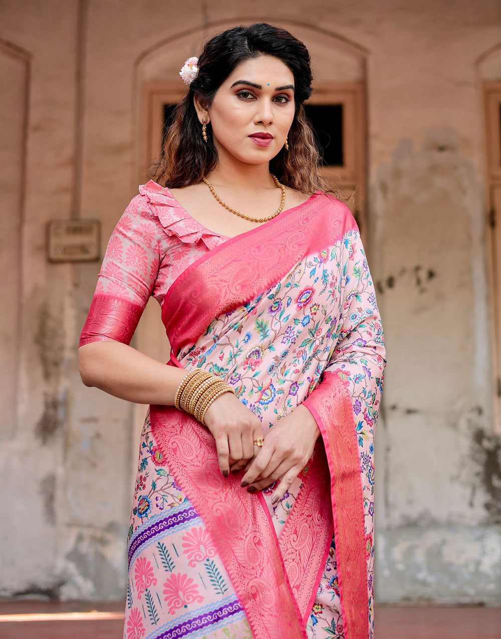 Light Pink Silk Saree With Printed & Weaving Border