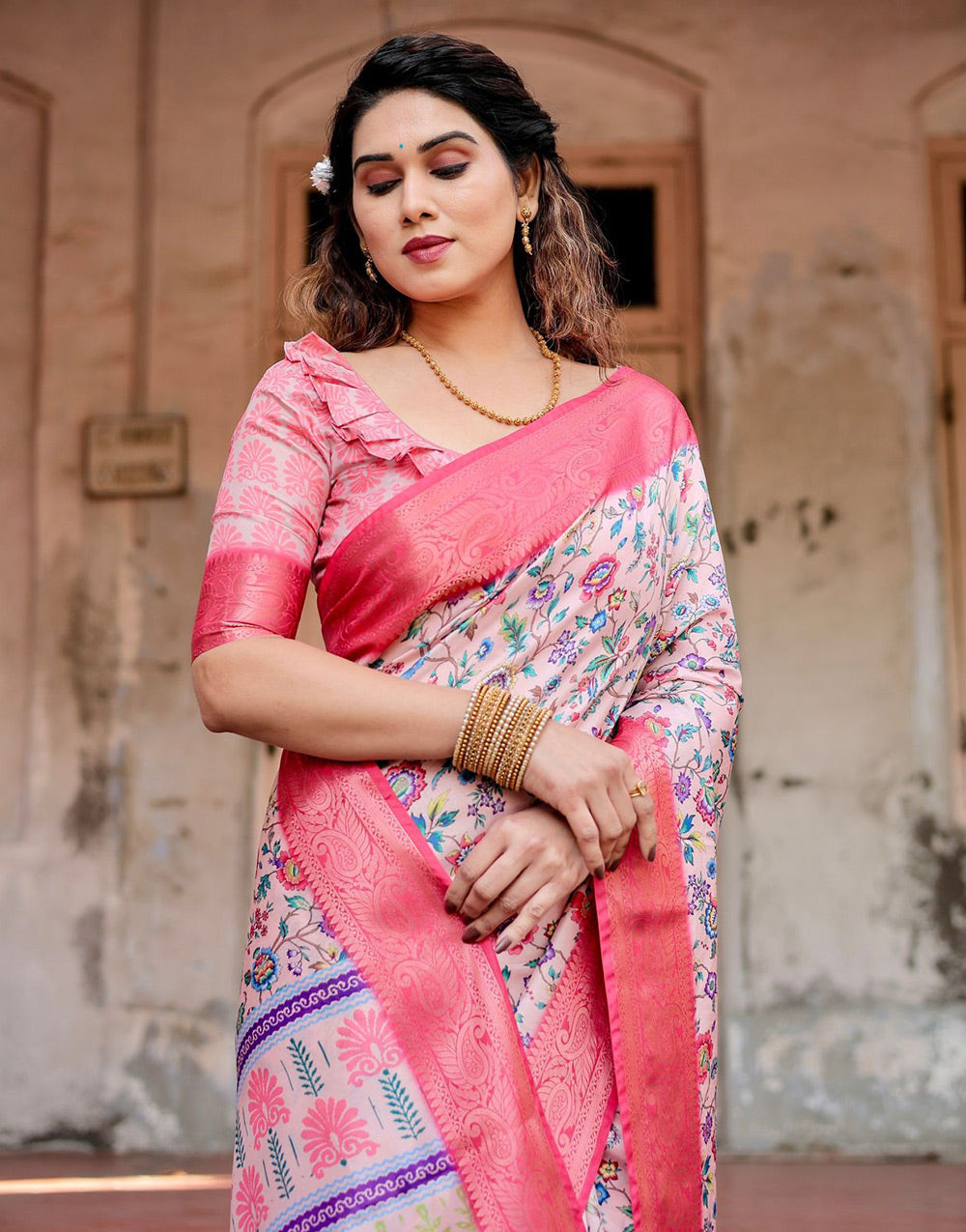 Light Pink Silk Saree With Printed & Weaving Border