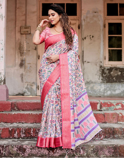 Light Pink Silk Saree With Printed & Weaving Border