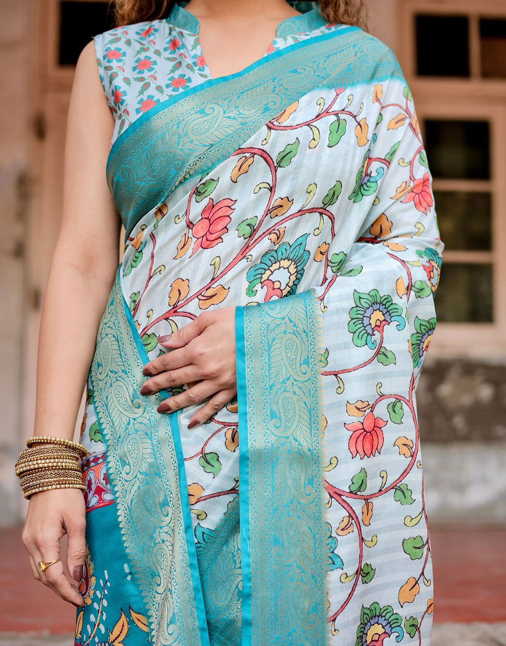 Baby Blue Silk Saree With Printed & Weaving Border