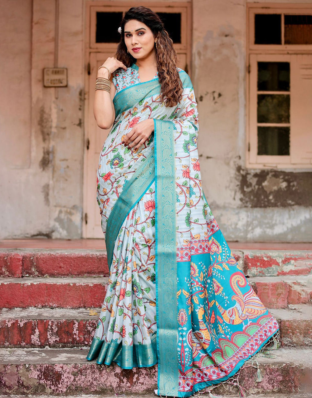 Baby Blue Silk Saree With Printed & Weaving Border