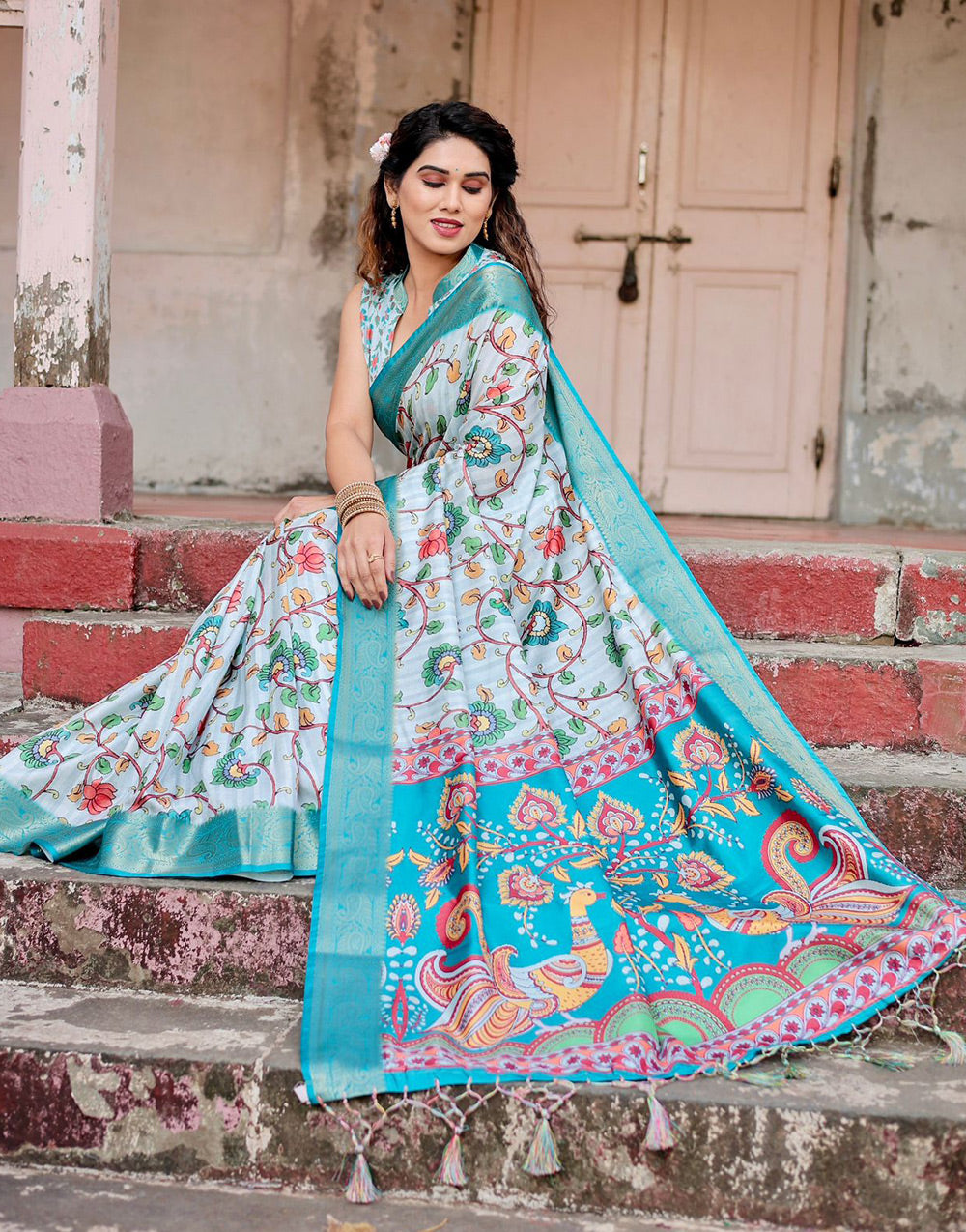 Baby Blue Silk Saree With Printed & Weaving Border