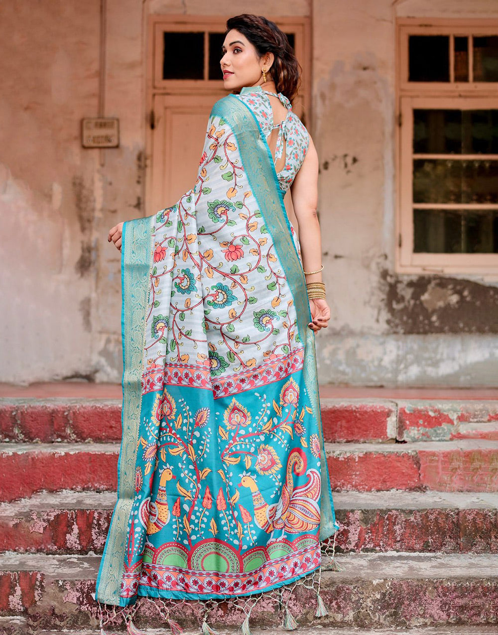 Baby Blue Silk Saree With Printed & Weaving Border