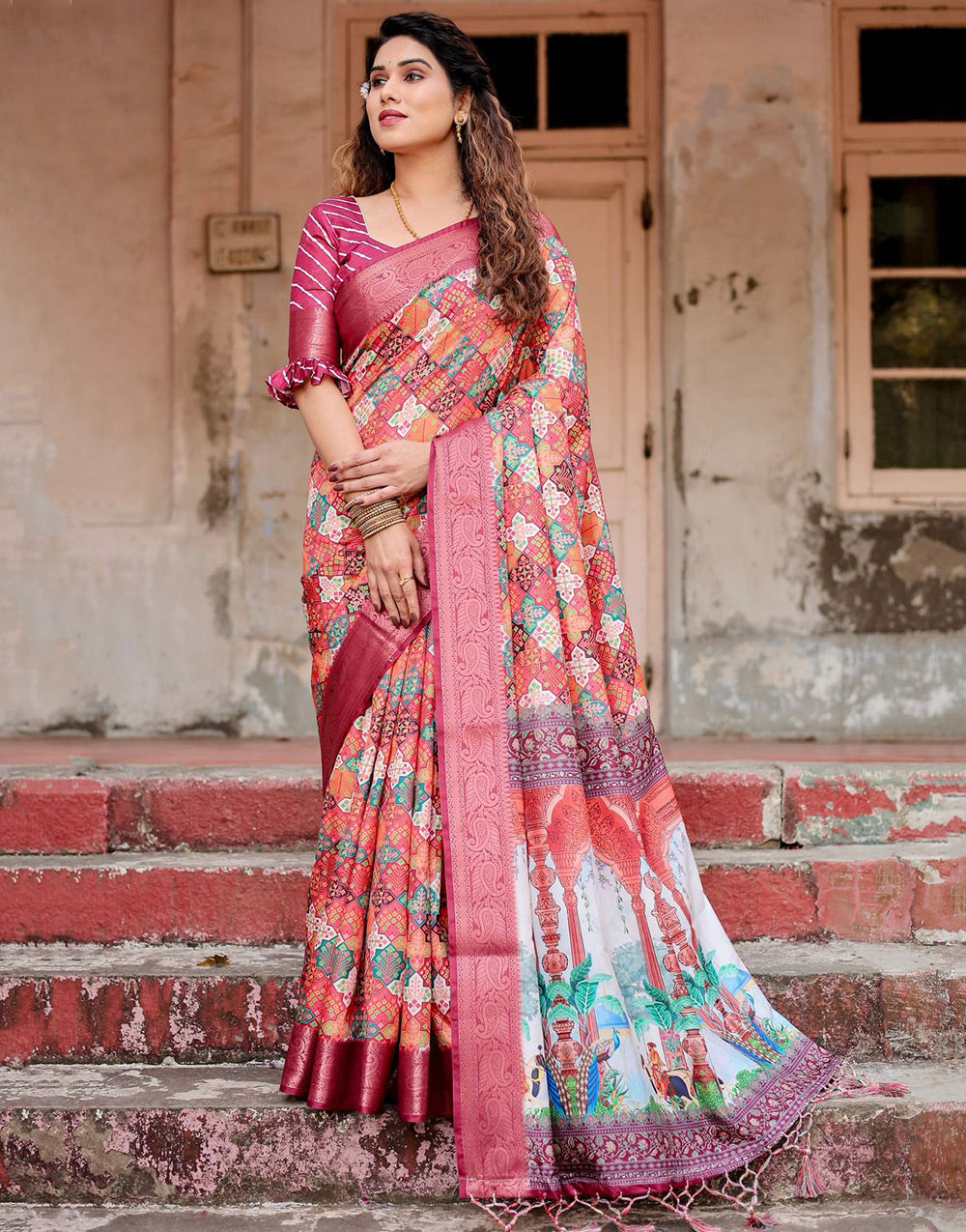 Light Maroon Silk Saree With Printed & Weaving Border