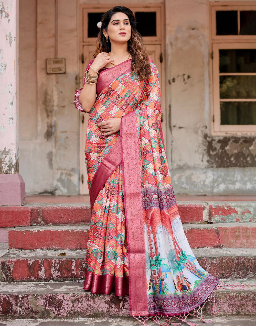 Light Maroon Silk Saree With Printed & Weaving Border