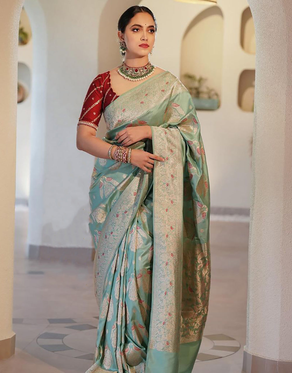 Tea Green Banarasi Silk Saree With Zari Weaving Work