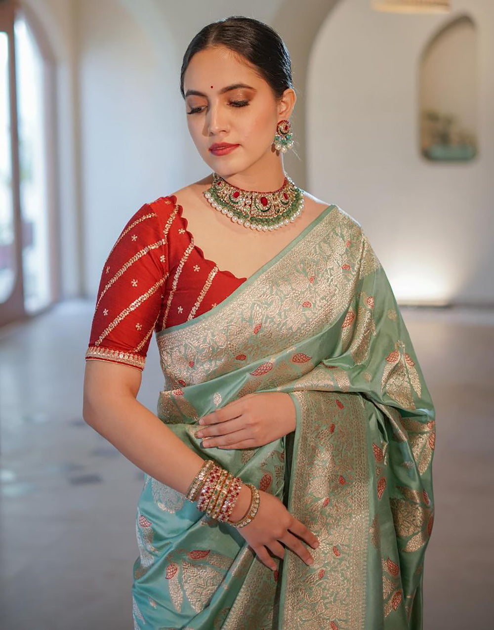 Tea Green Banarasi Silk Saree With Zari Weaving Work