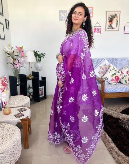 Purple Pure Organza Saree With Embroidery Work