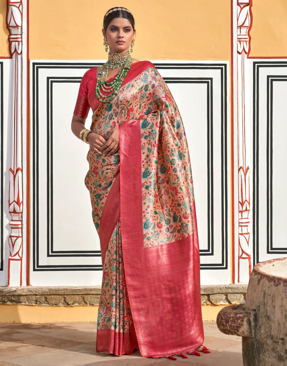 Salmon Pink Kanjivaram Silk Saree With Printed & Zari Weaving Border