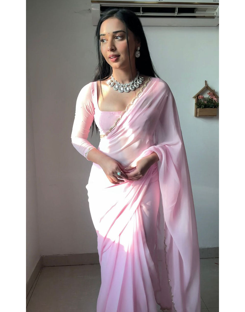 Light Pink Georgette With Cutwork Border Ready To Wear Saree