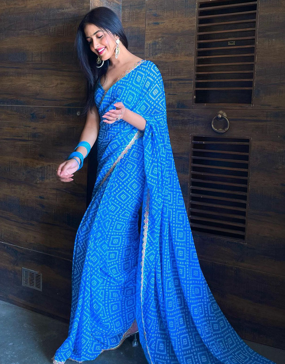 Blue Georgette Bandhani Printed Ready To Wear saree