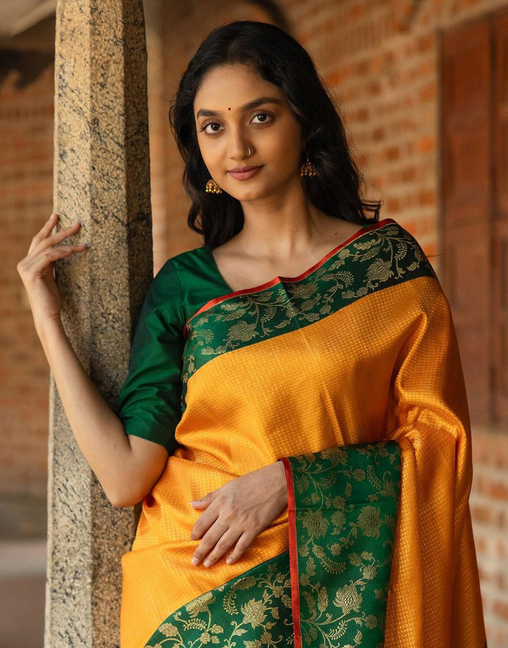 Yellow & Green Banarasi Soft Silk Saree With Zari Weaving Work