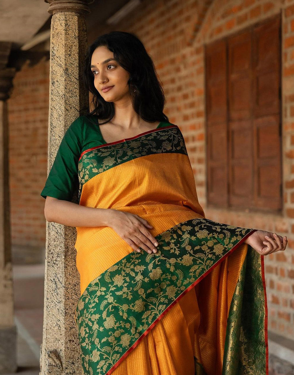 Yellow & Green Banarasi Soft Silk Saree With Zari Weaving Work