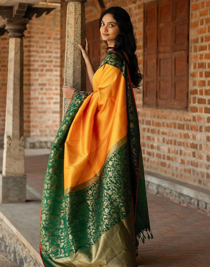 Yellow & Green Banarasi Soft Silk Saree With Zari Weaving Work