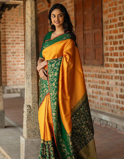 Yellow & Green Banarasi Soft Silk Saree With Zari Weaving Work